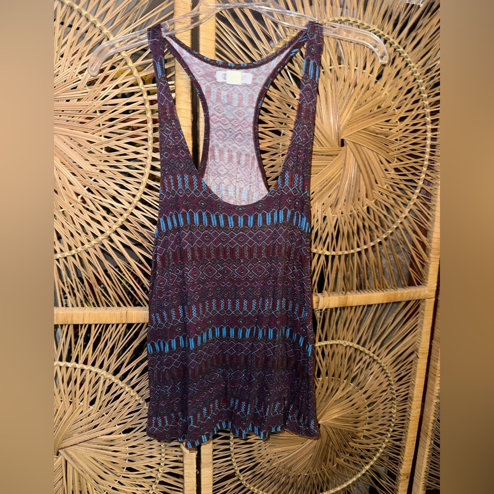 Sleeveless Patterned Racerback Tank Top - Plum with Teal Accents